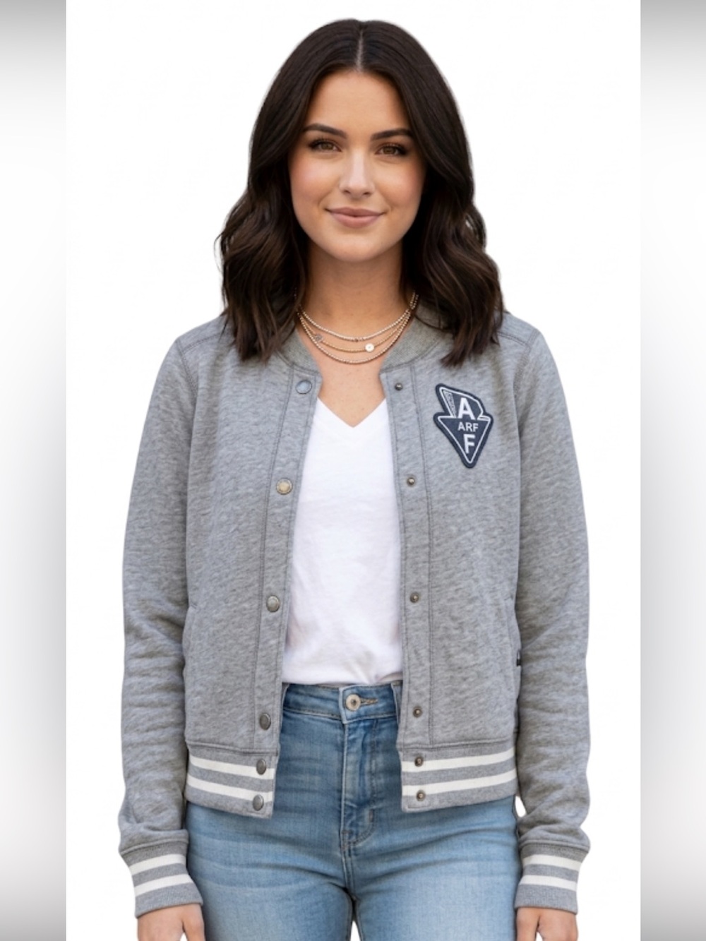 Y2K Abercrombie & Fitch Grey Varsity Bomber Jacket Patchwork Logo Size: Medium